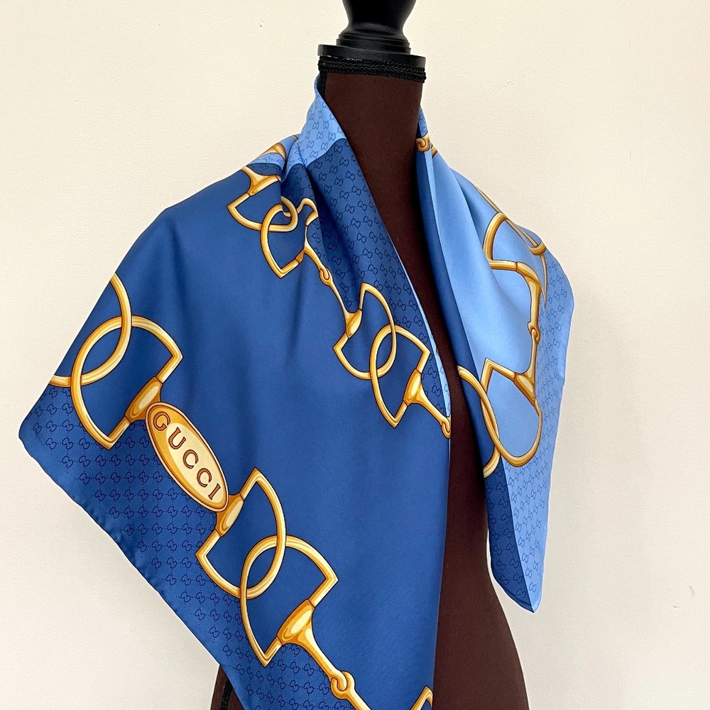 Display # 1 Gucci Scarf Logo Horsebit Chains Double Blue Large Silk Wrap